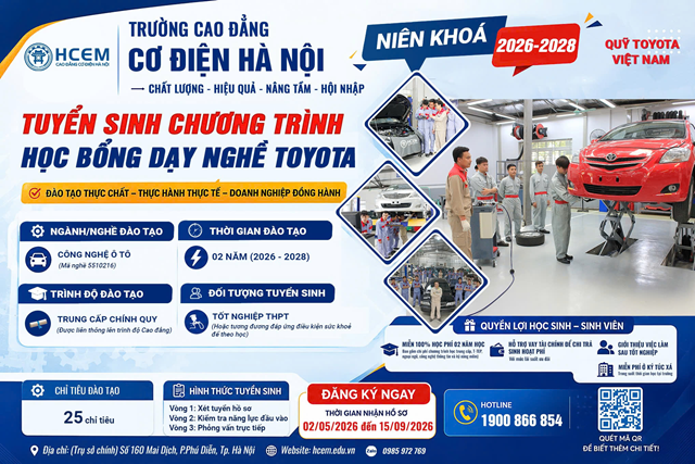 Quỹ Toyota Việt Nam và Trường Cao đẳng Cơ điện Hà Nội thông báo tuyển sinh khóa 6 chương trình Học bổng dạy nghề Toyota