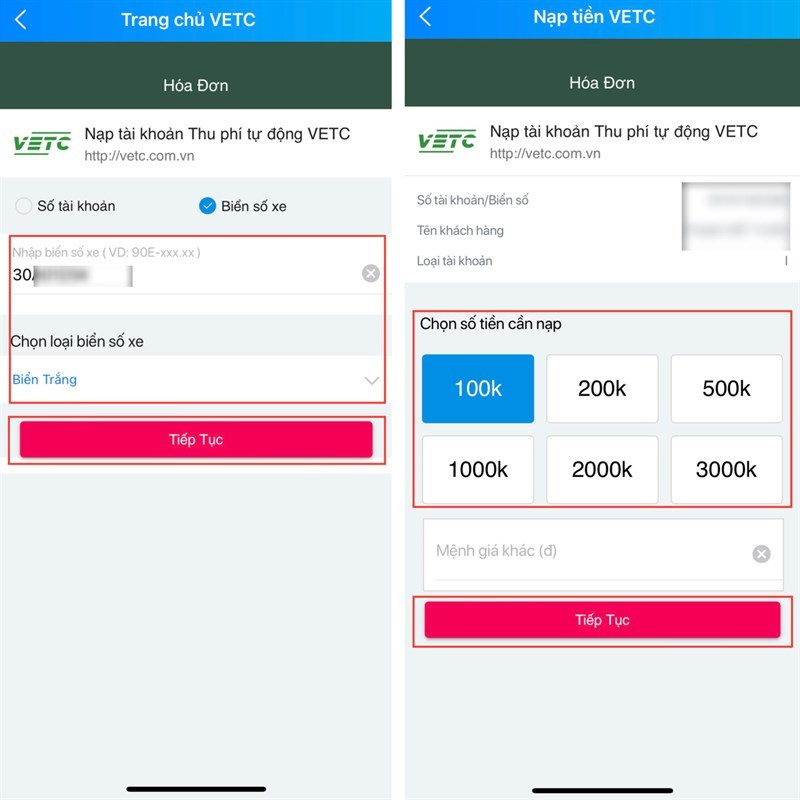 Chọn số tiền cần nạp và nhấn vào Tiếp tục